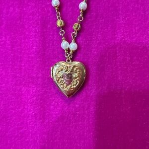 Kirks Folly Vintage Gold Heart Locket Necklace with Pearl Accents -32”
